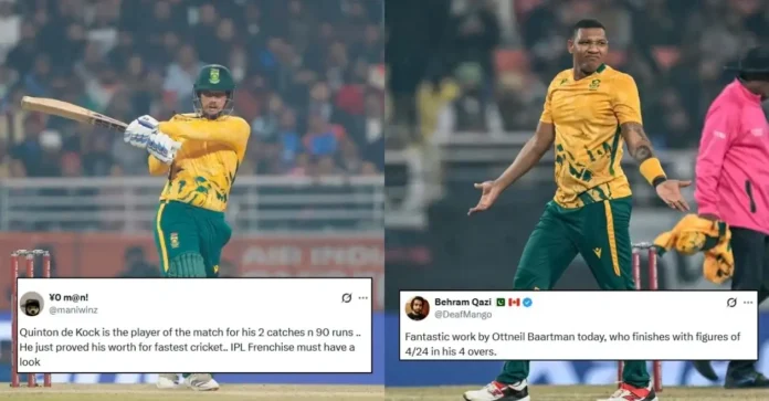 Fans react as Quinton de Kock, Ottneil Baartman power South Africa to comeback win over India in 2nd T20I