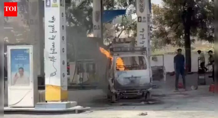 Fear grips Hyderabad-Warangal highway: Burning car rolls towards petrol bunk; major disaster averted - watch video | Hyderabad News