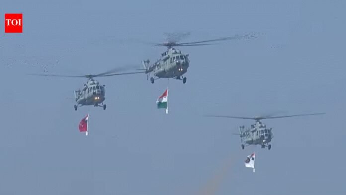 Watch: Mi-17 choppers shower petals, fly ‘Dhwaj Formation’; carry national, service ensigns at Republic Day parade | Delhi News