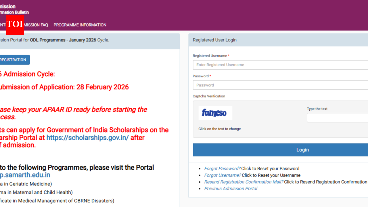 IGNOU January 2026 ODL, Online registration extended: Check application deadline, direct link to apply here |