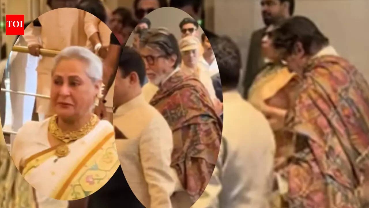 Jaya Bachchan smiles wide as she attends Arjun Tendulkar’s wedding, Amitabh Bachchan makes a rare appearance as the couple twins in white – WATCH VIDEO | Hindi Movie News