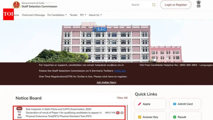 SSC CPO result 2026 declared: Check Delhi Police SI cut-off marks and PET/PST shortlist