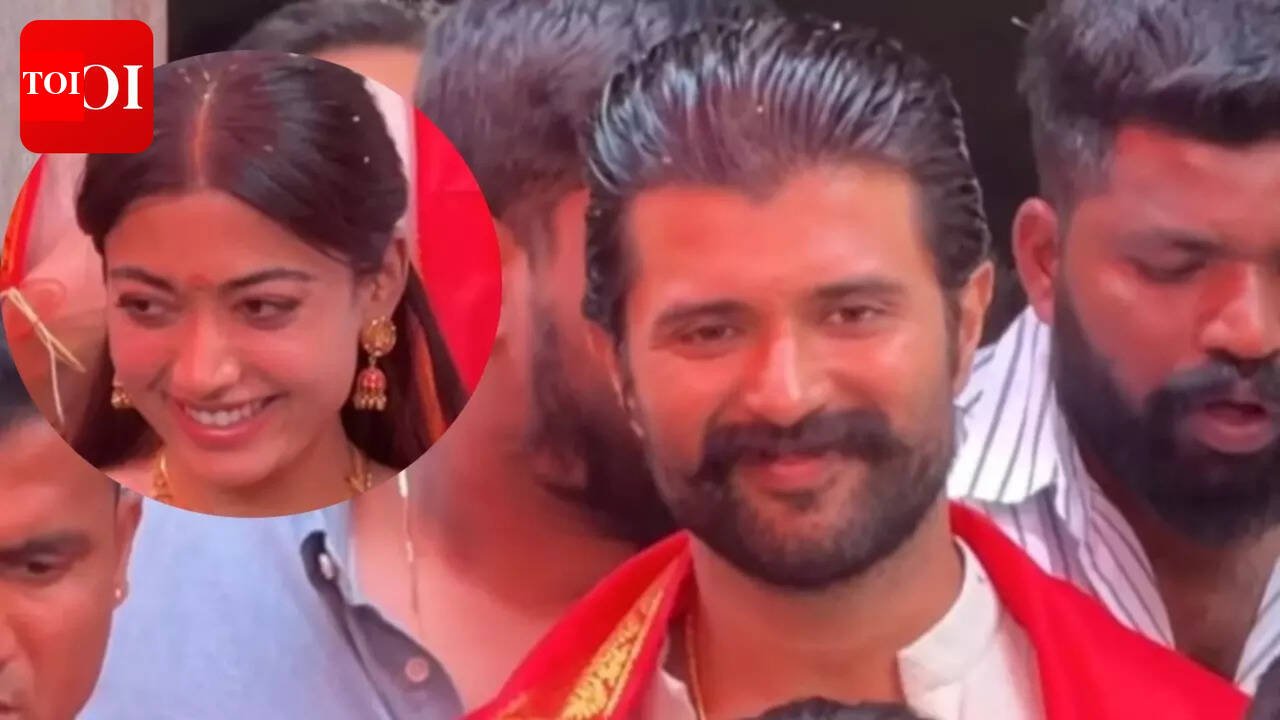 Vijay Deverakonda shields Rashmika Mandanna from crowds during Hyderabad temple visit - Watch Video | Telugu Movie News